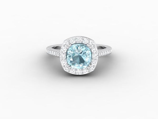 Aureola 1.5 Ct Cushion Cut Halo Aquamarine Engagement Ring with Diamond Side Stones