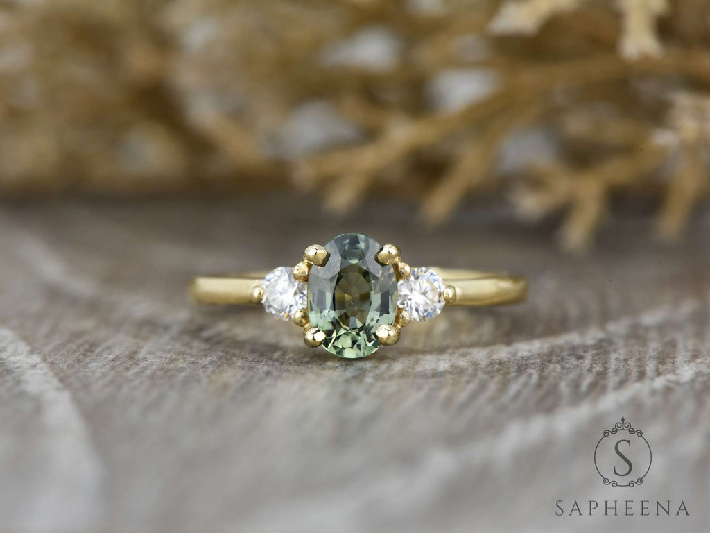 3 Stone Green Sapphire Diamond Ring front view