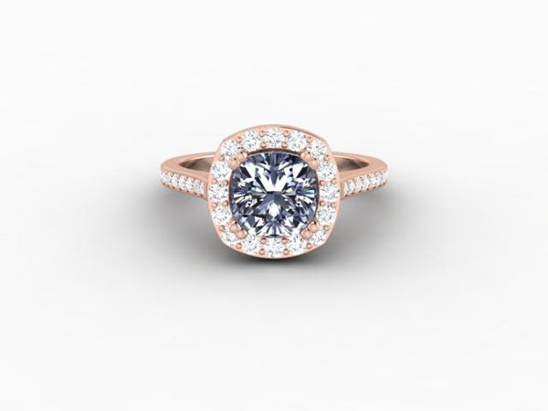 Aureola 1.5 Ct Cushion Cut Halo Grey Moissanite Engagement Ring with Side Stones