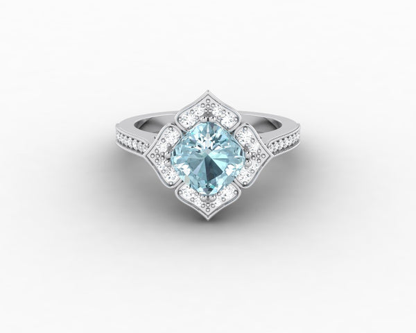 Luisa 1.5 Ct Cushion Cut Halo Natural Aquamarine Engagement Ring with Side Stones