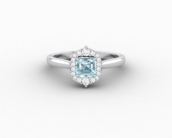 Juno 0.75 Ct Asscher Cut Halo Natural Aquamarine Engagement Ring