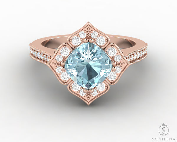Luisa 1.5 Ct Cushion Cut Halo Natural Aquamarine Engagement Ring with Side Stones