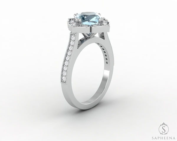 Luisa 1.5 Ct Cushion Cut Halo Natural Aquamarine Engagement Ring with Side Stones