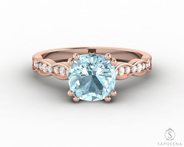 Celeste 1.5 Ct Solitaire Cushion Cut Natural Aquamarine Engagement Ring With Side Stones