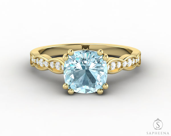Celeste 1.5 Ct Solitaire Cushion Cut Natural Aquamarine Engagement Ring With Side Stones