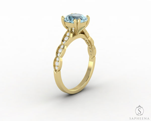 Celeste 1.5 Ct Solitaire Cushion Cut Natural Aquamarine Engagement Ring With Side Stones