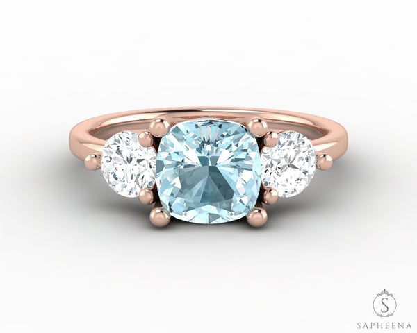 Orion Three Stone 1.5ct Cushion Cut Natural Aquamarine Engagement Ring