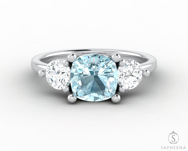 Orion Three Stone 1.5ct Cushion Cut Natural Aquamarine Engagement Ring
