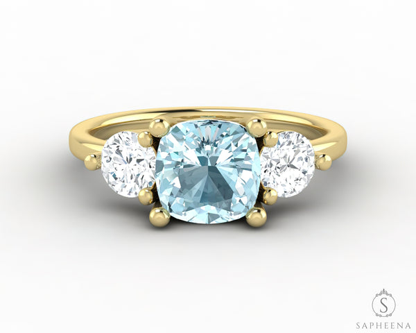Orion Three Stone 1.5ct Cushion Cut Natural Aquamarine Engagement Ring
