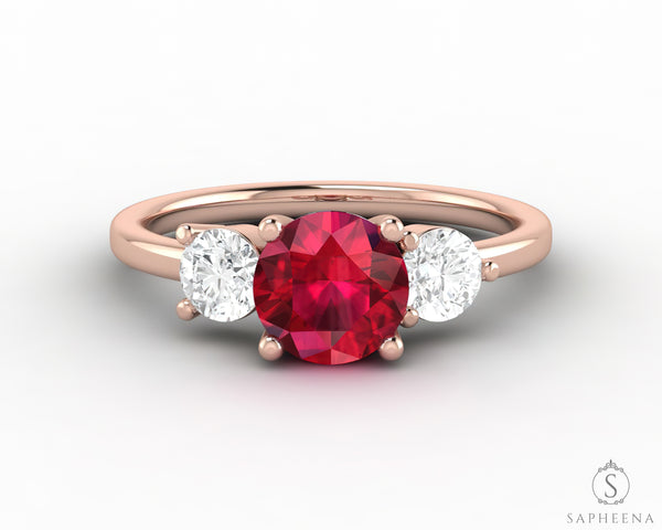 Orion Three Stone 1.35 Ct Round Cut Ruby Engagement Ring