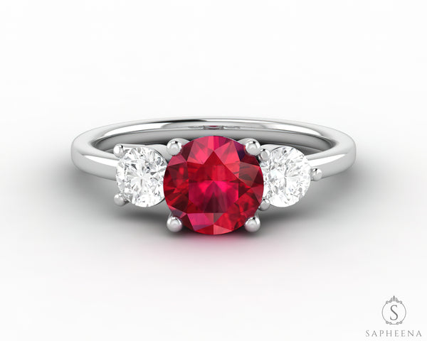 Orion Three Stone 1.35 Ct Round Cut Ruby Engagement Ring