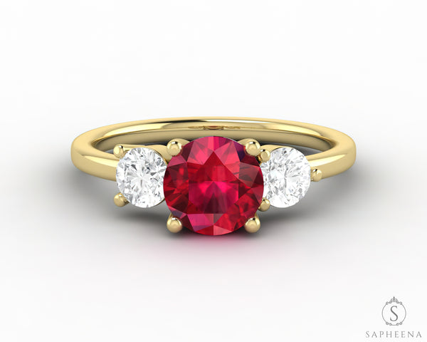 Orion Three Stone 1.35 Ct Round Cut Ruby Engagement Ring