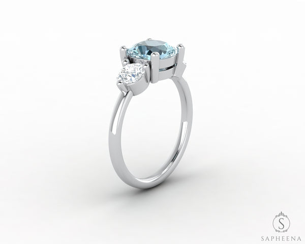 Orion Three Stone 1.5ct Cushion Cut Natural Aquamarine Engagement Ring