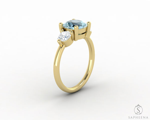 Orion Three Stone 1.5ct Cushion Cut Natural Aquamarine Engagement Ring