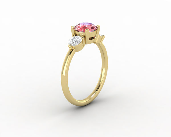 Orion Three Stone 1.5 Ct Round Cut Champagne Peach Sapphire Engagement Ring