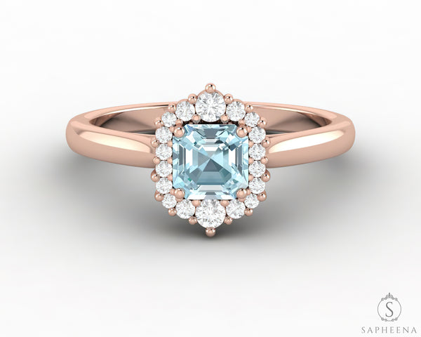 Juno 0.75 Ct Asscher Cut Halo Natural Aquamarine Engagement Ring
