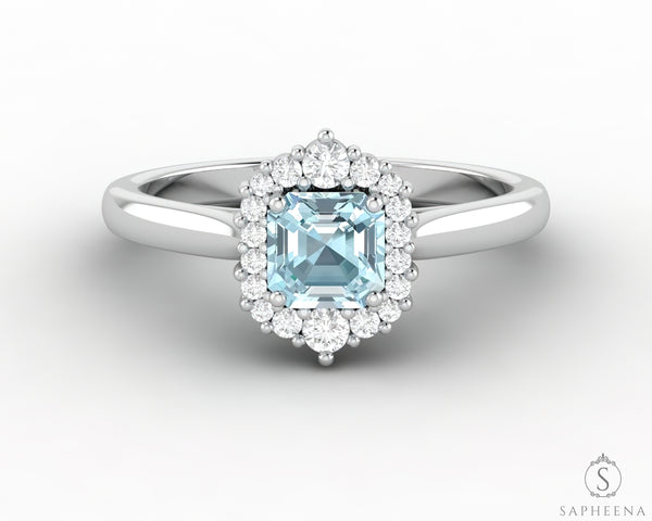 Juno 0.75 Ct Asscher Cut Halo Natural Aquamarine Engagement Ring