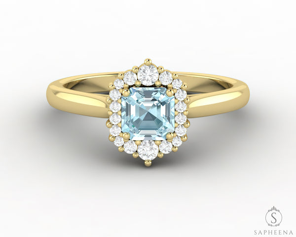 Juno 0.75 Ct Asscher Cut Halo Natural Aquamarine Engagement Ring