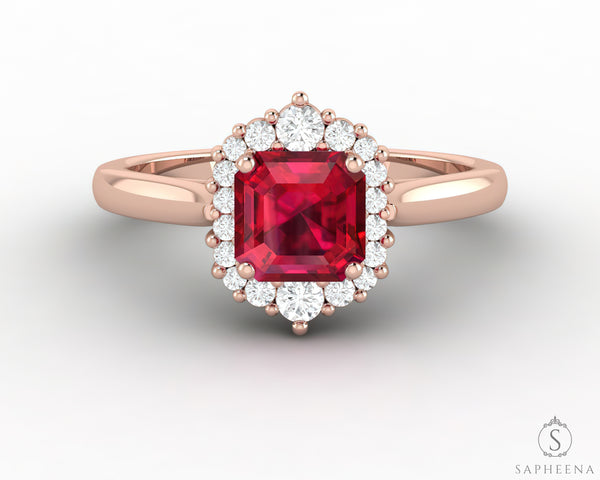 Juno 1.0 Ct Asscher Cut Halo Ruby Engagement Ring