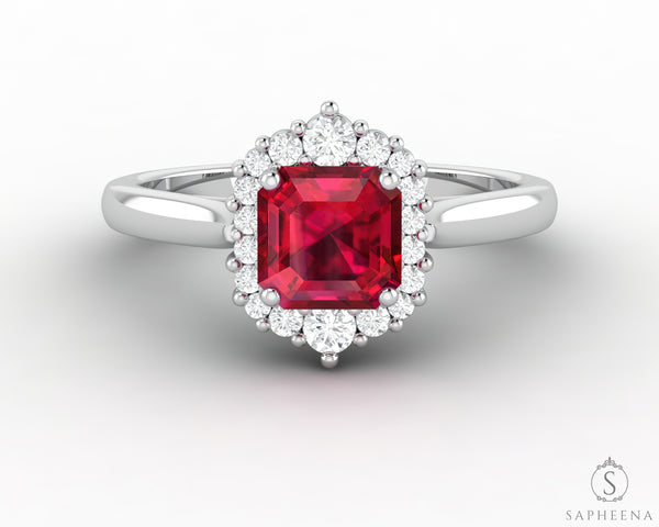 Juno 1.0 Ct Asscher Cut Halo Ruby Engagement Ring