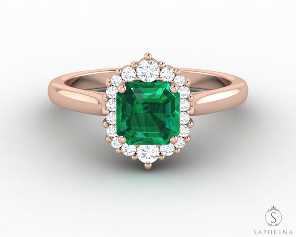 Juno 1.0 Ct Asscher Cut Halo Green Emerald Engagement Ring
