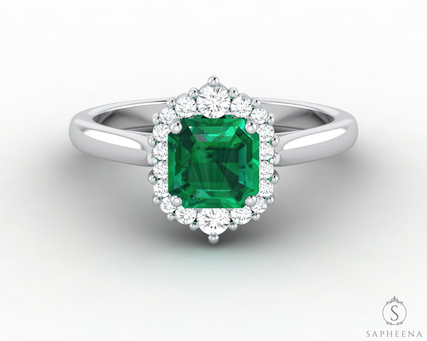 Juno 1.0 Ct Asscher Cut Halo Green Emerald Engagement Ring