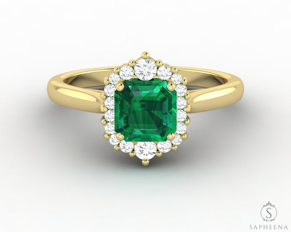 Juno 1.0 Ct Asscher Cut Halo Green Emerald Engagement Ring