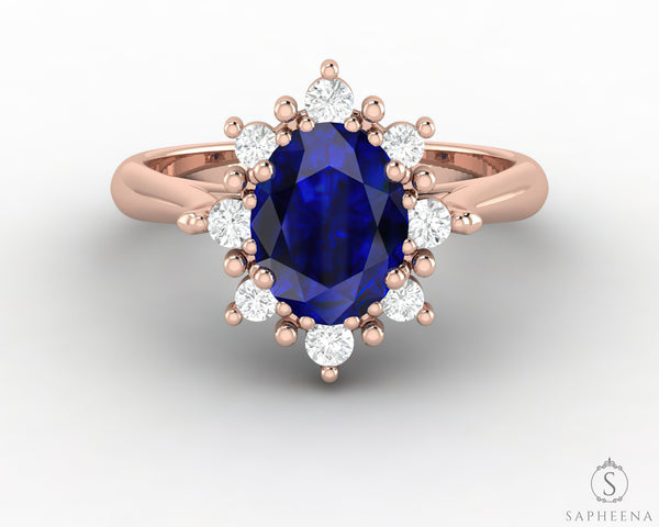 Bridget 1.5 Ct Oval Cut Halo Blue Sapphire Engagement Ring