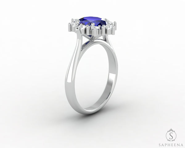 Bridget 1.5 Ct Oval Cut Halo Blue Sapphire Engagement Ring