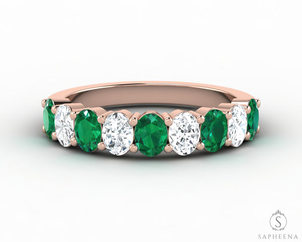 Ivy 1.5 Ct Oval Cut Moissanite and Green Emerald Half Eternity Wedding Band