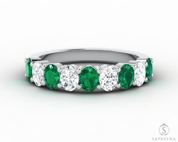 Ivy 1.5 Ct Oval Cut Moissanite and Green Emerald Half Eternity Wedding Band