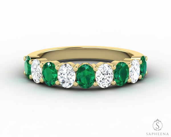 Ivy 1.5 Ct Oval Cut Moissanite and Green Emerald Half Eternity Wedding Band