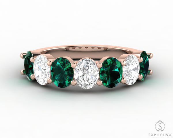 Ivy 2.5 Ct Oval Cut Moissanite and Green Emerald Half Eternity Wedding Band