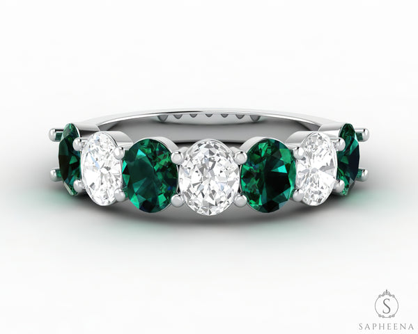 Ivy 2.5 Ct Oval Cut Moissanite and Green Emerald Half Eternity Wedding Band