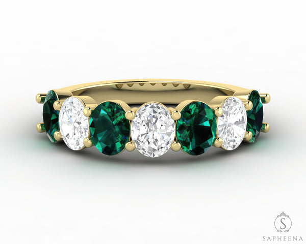 Ivy 2.5 Ct Oval Cut Moissanite and Green Emerald Half Eternity Wedding Band