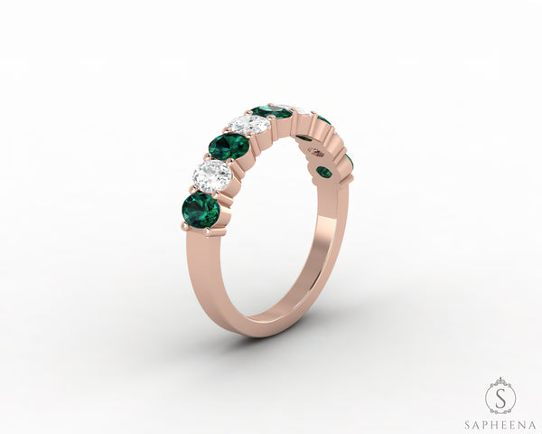 Ivy 1.5 Ct Oval Cut Moissanite and Green Emerald Half Eternity Wedding Band