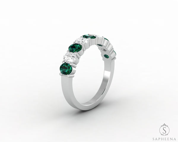 Ivy 1.5 Ct Oval Cut Moissanite and Green Emerald Half Eternity Wedding Band
