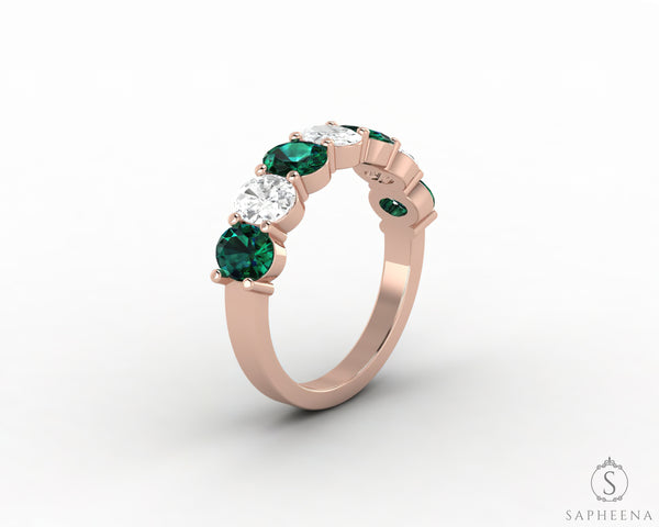 Ivy 2.5 Ct Oval Cut Moissanite and Green Emerald Half Eternity Wedding Band