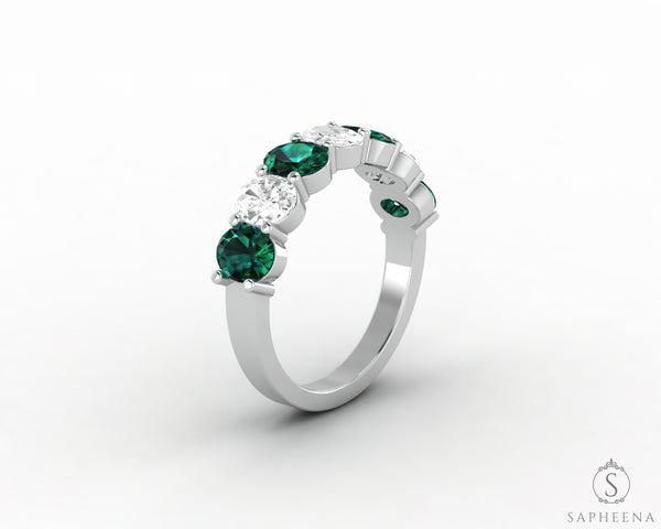 Ivy 2.5 Ct Oval Cut Moissanite and Green Emerald Half Eternity Wedding Band