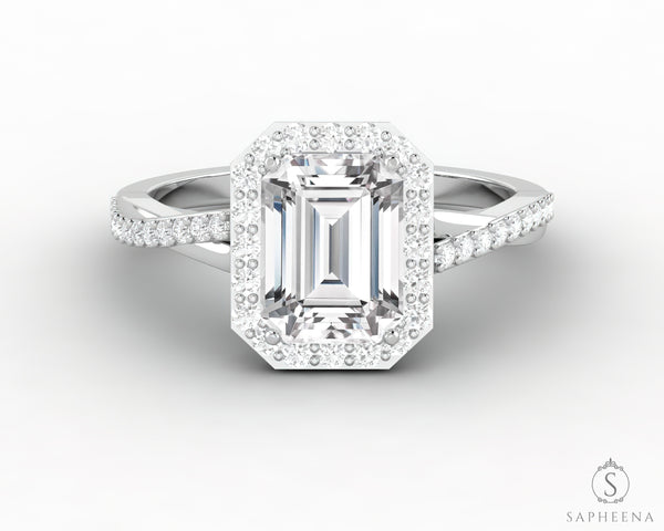 Demi 1.7 Ct Emerald Cut Halo Engagement Ring with Side Stones