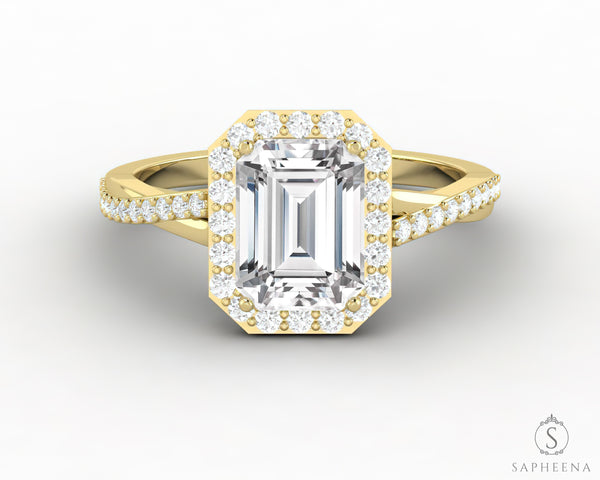 Demi 1.7 Ct Emerald Cut Halo Engagement Ring with Side Stones