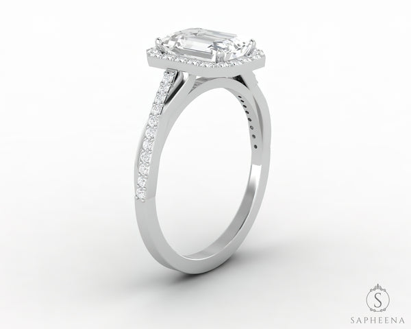 Demi 1.7 Ct Emerald Cut Halo Engagement Ring with Side Stones