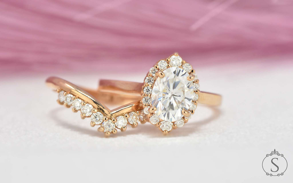 Oval halo forever one moissanite engagement ring with diamond crown band front view