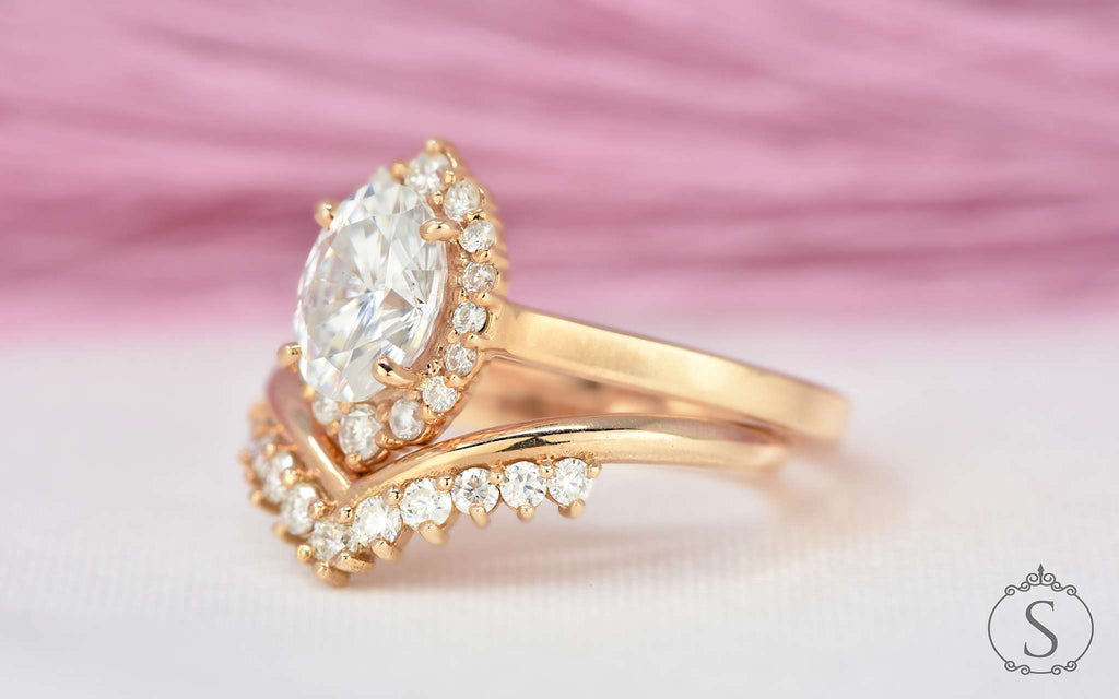Oval halo forever one moissanite engagement ring with diamond crown band side view