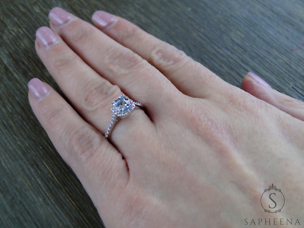 Juno 0.75 Ct Asscher Cut Halo Natural Aquamarine Engagement Ring