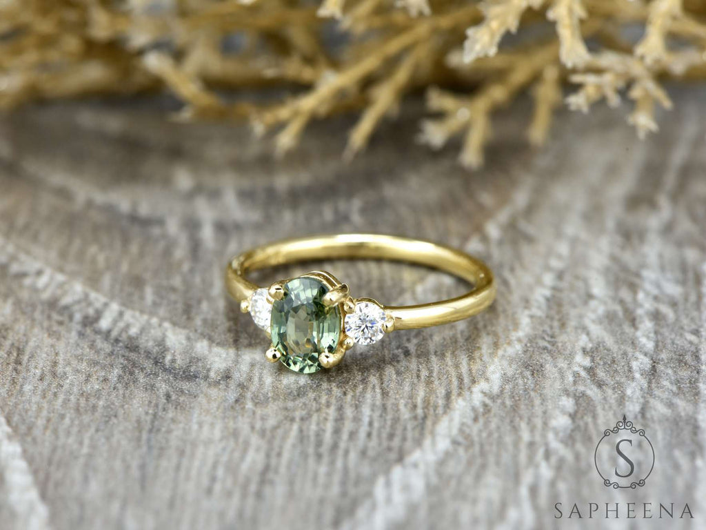 3 Stone Green Sapphire Diamond Ring side view