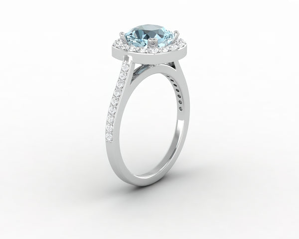 Aureola 1.5 Ct Cushion Cut Halo Aquamarine Engagement Ring with Diamond Side Stones