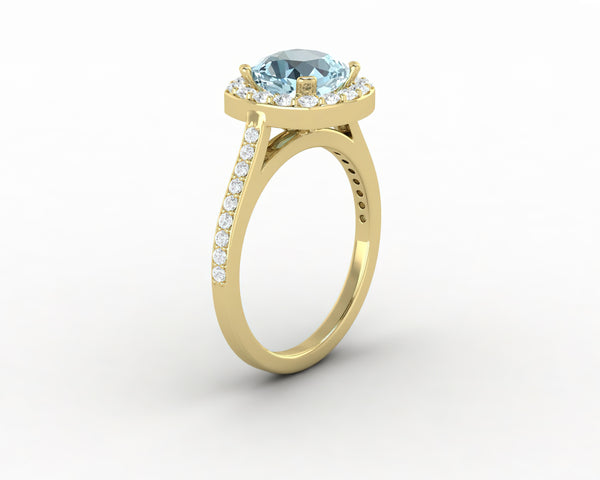 Aureola 1.5 Ct Cushion Cut Halo Aquamarine Engagement Ring with Diamond Side Stones