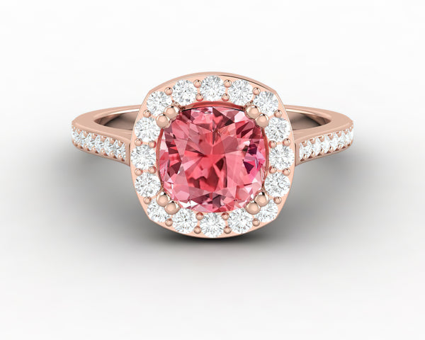 Aureola 2.0 Ct Cushion Cut Halo Chatham Champagne Peach Sapphire Engagement Ring with Side Stones