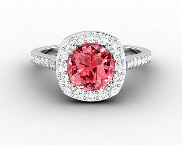 Aureola 2.0 Ct Cushion Cut Halo Chatham Champagne Peach Sapphire Engagement Ring with Side Stones